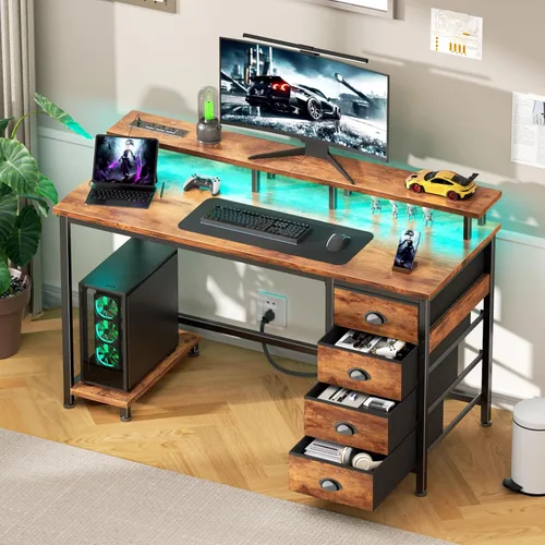 Vista 10 de Gaming Desk with Power Outlets, LED Lights, Monitor Shelf & 2 Drawers - Rustic Brown by Furologee