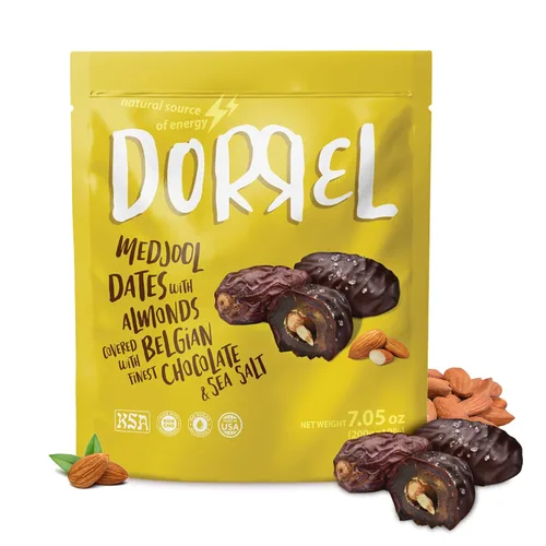 Vista 24 de DORREL - Dátiles cubiertos de chocolate negro belga (Medjool) con relleno de nueces, aperitivo de chocolate vegano de alta energía, delicioso