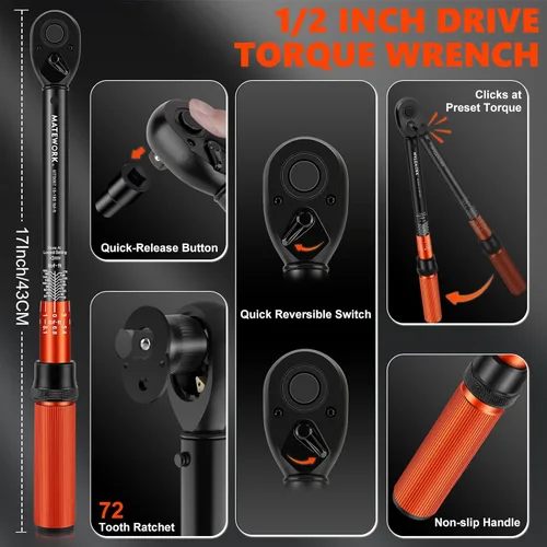 Vista 4 de Matework - Llave dinamométrica de 1/2 pulgada con clic, 10-180 ft.lb/13.6-244.1 Nm, Llave de torsión de alta precisión ±3% de 72 dientes de doble