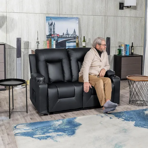 Vista 3 de COMHOMA Juego de muebles de sala de estar, sofá biplaza de cuero regenerado con portavasos y silla reclinable, color negro