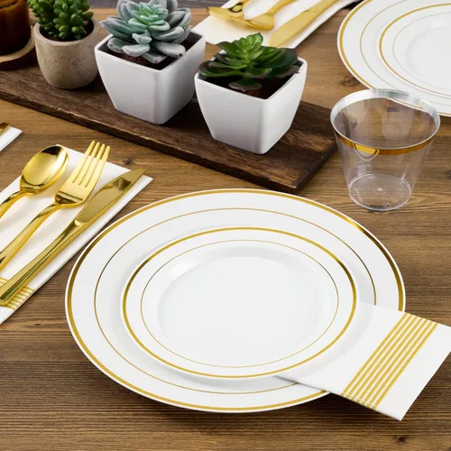 Vista 4 de FOCUSLINE Juego de 102 platos de plástico dorados, desechables, resistentes, 51 platos llanos y 51 platos de postre, elegante plato de plástico
