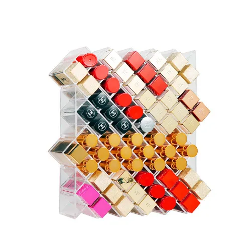 Vista 6 de Organizador de lápiz labial en 64 espacios, torre de lápiz labial apilable en forma de pez, soporte de almacenamiento de brillo de labios, perfecto