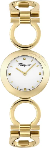 Ferragamo Gancino Collection Reloj de lujo para mujer con una pulsera de oro con una caja dorada y esfera blanca, Oro, Ferragamo Gancino