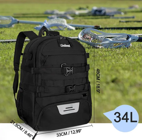 Vista 5 de Goloni Lacrosse - Mochila para equipo con dos palos y compartimento separado para tacos y bolsa de hockey sobre césped