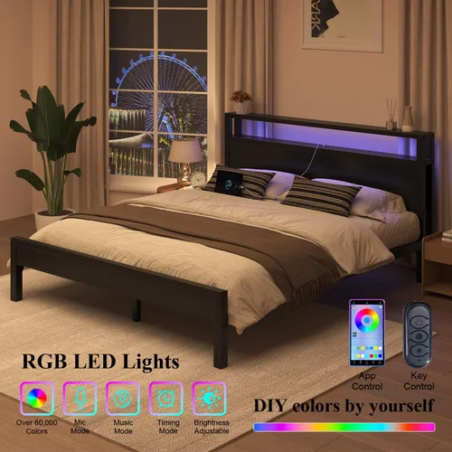 Vista 4 de LoVinson Full Size Bed Frame with Charging Station and LED Light, Metal Platform Bed with Storage Headboard, Noise Free, No Box Spring Needed, Easy