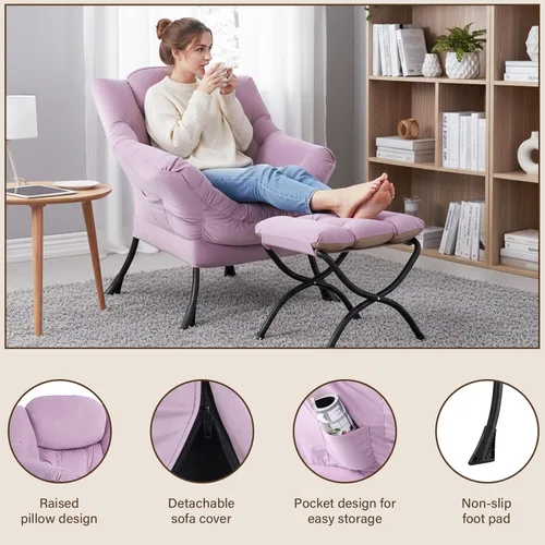 Vista 40 de Welnow Silla Lazy con otomana, moderna silla de descanso con reposabrazos y un bolsillo lateral, sillón para sofá de ocio, sillón de lectura