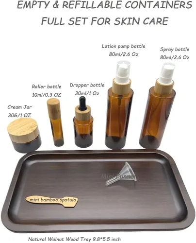 Vista 2 de Recipientes vacíos recargables de vidrio marrón para cosméticos con cubierta de bambú, paquete de 5, botella de spray, bomba de loción, cuentagotas