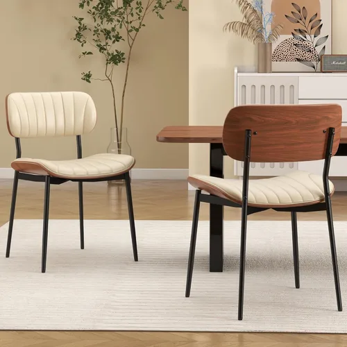 Juego de 2 sillas de comedor modernas de mediados de siglo, sillas de cocina tapizadas de piel sintética con respaldo de madera curvada de nogal y