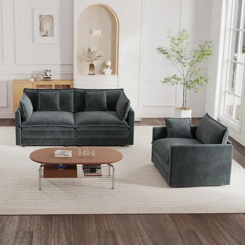 Vista 9 de mikibama Juego de Sofás Nube de Lujo de 2 Piezas, Juego de Sofá Moderno Tapizado en Chenilla de 3 Plazas y Loveseat con 9 Almohadas para Sala