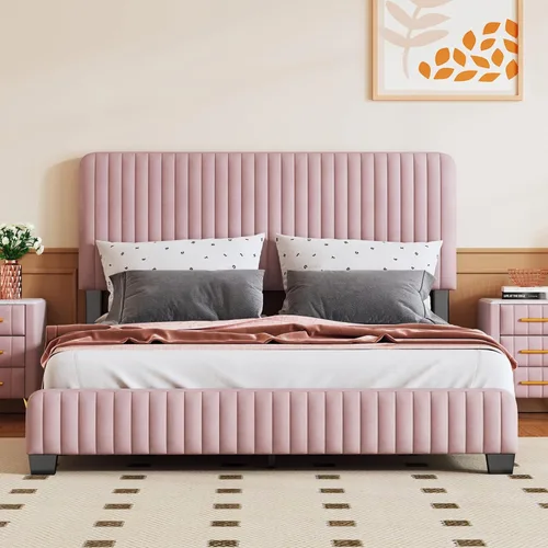 Vista 36 de Elegante cama con plataforma tapizada de terciopelo de tamaño Queen con cabecero, para niños, niñas y adolescentes (beige @cabecero/, Queen)