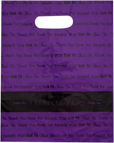 Vista 4 de 12x15 negro "Gracias" troquelado mango bolsas de plástico 50/cs