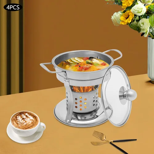Vista 2 de Paquete de 4 platos redondos para bufé, mini olla caliente Shabu de acero inoxidable con tapa, mini caldera caliente de 7 pulgadas con soporte