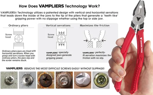 Vista 4 de Vampire Professional Tools International, VMPVT-001, alicates Linesman de extracción de tornillos de 8 pulgadas, patentados