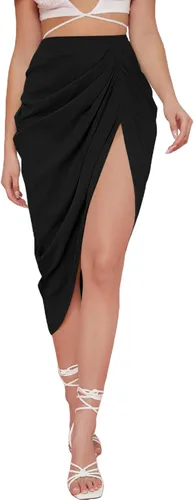 WDIRARA Faldas para mujer, falda de satén con abertura en el muslo, falda de satén de cintura alta con cremallera en la parte trasera