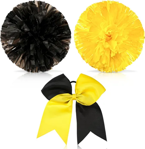 Set de 3 pompones de animadora de 30 cm y gran sujetador de moño de cola de caballo para niña, grandes pompones metálicos de animadora para el Negro