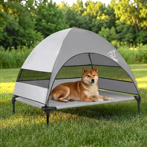 Cama elevada mejorada para perros con toldo, cama elevada portátil para perros al aire libre con pies antideslizantes estables, cama para mascotas