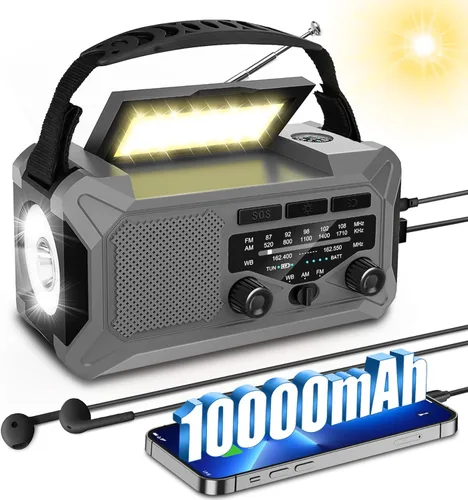 Radio meteorológica de emergencia de 10000 mAh con altavoz inalámbrico, 37000 mWh NOAA/AM/FM radio solar con linterna celular, cargador de teléfono,