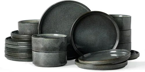 Vista 61 de Juego de vajilla Famiware Star con tazas, servicio para 4 (16 piezas), platos y cuencos de gres acanalado, resistentes a las astillas y a