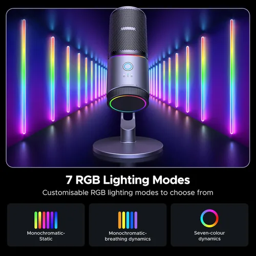 Vista 4 de UGREEN Micrófono para PC, micrófono USB con luces RGB, botón de silencio, 24bit/96kHz, patrón polar cardioide, control de volumen, micrófono