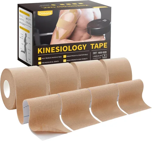 Dimora Cinta de kinesiología sin cortar, algodón original, cinta atlética elástica de 16 pies para aliviar el dolor muscular y soporte articular, 4