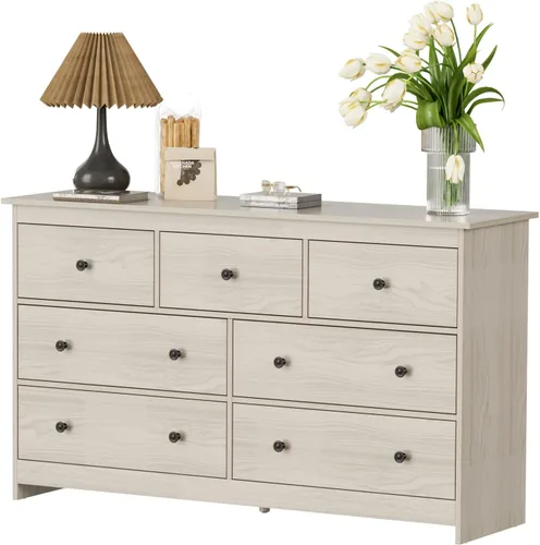 Vista 21 de Cómoda negra de 7 cajones para dormitorio, cómoda de madera de 55 pulgadas de ancho con asas doradas, organizador moderno y grande para sala