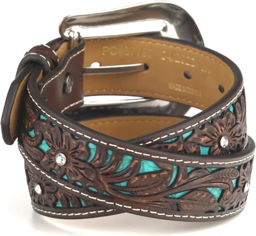 Vista 5 de ARIAT Cinturón floral marrón juvenil con incrustaciones de turquesa pintadas