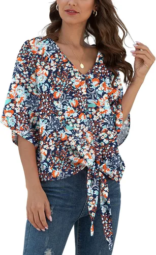 Vista 8 de VIISHOW Womens Tie Front Chiffon Blouses V Neck Batwing Short Sleeve Summer Tops Shirts Albaricoque