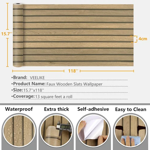 Vista 9 de VEELIKE Papel tapiz adhesivo de madera con listones para despegar y pegar de madera, para paredes, armarios, encimeras, impermeable, autoadhesivo