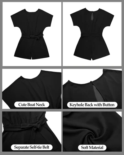 Vista 6 de Vetinee - Mameluco de verano con cinturón para mujer, manga corta, con abertura en la espalda