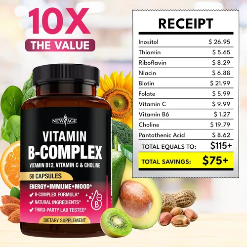 Vista 5 de Complejo de vitamina B para hombres y mujeres - Fabricado en EE. UU. - Complejo B: B1, B2, B3, B5, B6, B7, B8, B9, B12 con vitamina C, colina