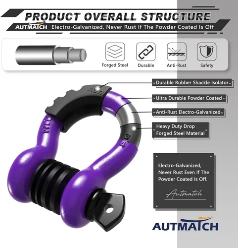 Vista 4 de AUTMATCH - Grilletes de anillo D de 3/4" (2 unidades) - Grillete de clevis con resistencia a la rotura de 41,887 Ib con tornillo de 7/8" y kit
