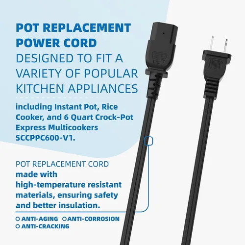 Vista 3 de Cable de alimentación compatible con olla Crock-Pot Express de 6 cuartos de galón SCCPPC600-V1, para olla instantánea, olla de arroz, cable