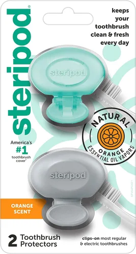 Steripod Protector de cepillo de dientes con clip con aceites esenciales de naranja, mantiene el cepillo de dientes fresco y limpio, se adapta a la
