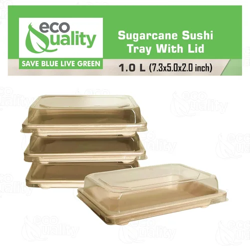 Vista 4 de EcoQuality Bandejas grandes compostables para sushi con tapas, contenedor de sushi natural de caña de azúcar, biodegradable, plato de sushi