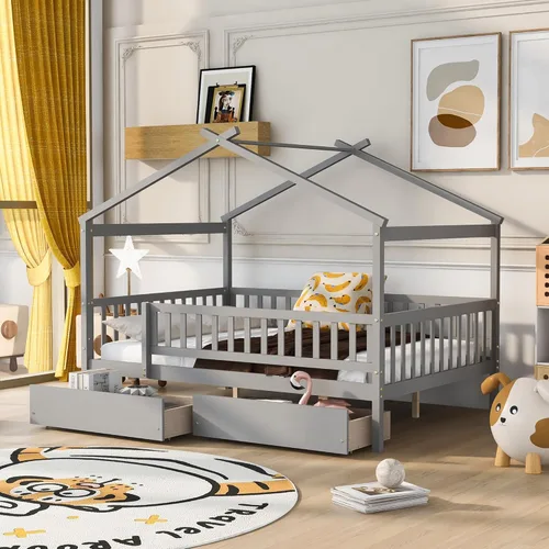 Vista 20 de Merax Cama de tamaño individual de madera estilo casa con valla, marco de cama de madera con techo y barandilla de seguridad para niños, Blanco