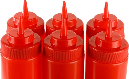 Vista 4 de Paquete de 6 botellas de plástico rojo de 24 onzas para condimentos, salsas, aderezos, artes y manualidades, salsa de tomate, mostaza, aceite