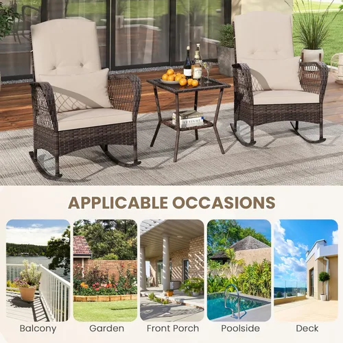 Vista 8 de ORALNER Juego de 3 mecedoras de mimbre para muebles de patio, sillas mecedoras para exteriores con cojines, almohadas, mesa de centro de cristal