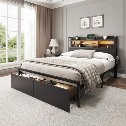 Vista 7 de Furnulem Base de cama de tamaño matrimonial con cabecera de madera, plataforma de metal, tamaño matrimonial con 2 cajones de almacenamiento