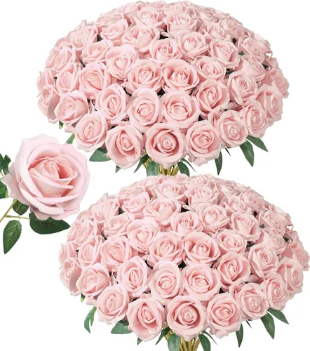 Vista 10 de 50 rosas artificiales rojas, rosas falsas con tallos, rosas de seda realistas para ramos de boda, mesas, centros de mesa, arreglos, baby shower Rojo