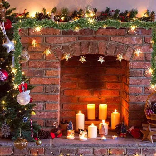 Vista 5 de FUNPENY Guirnalda decorativa de Navidad, guirnalda de Navidad artificial preiluminada de 15 pies con 50 luces LED, funciona con pilas, decoración