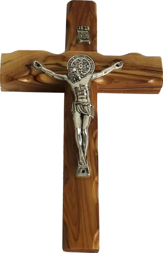 Vista 7 de Holy Land Market Crucifijo de madera de olivo católico celta de San Benito (4 pulgadas)