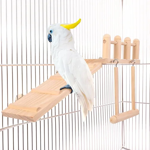 Vista 4 de Perchas para pájaros, jaula de juguetes de madera para pájaros con escalera de escalada, soporte de juego de loro y columpio de pájaro conure