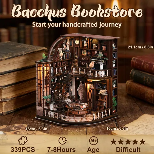Vista 2 de Kit de rincón de libros de bricolaje con luz LED, casa de muñecas en miniatura, rompecabezas de madera 3D, decoración de estantería, regalo