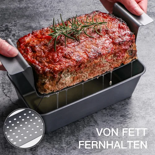 Vista 2 de HONGBAKE Sartén para pastel de carne con bandeja de drenaje, moldes para pan de 9 x 5 pulgadas con inserto, antiadherente para pastel de carne