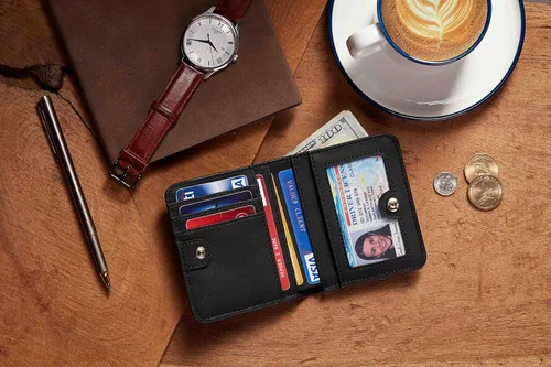 Vista 6 de Gostwo - Cartera compacta de piel genuina de lujo para mujer con bloqueo de RFID y ventana de identificación