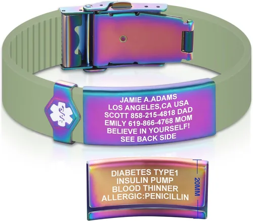Vista 136 de Divoti Pulsera de identificación de alerta médica grabada personalizada, grabado láser de doble cara (hasta 9 líneas), pulsera de silicona ajustable