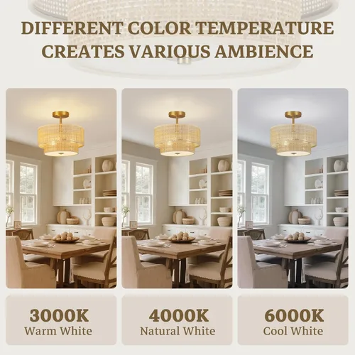 Vista 5 de Lámpara bohemia para techo, 13 pulgadas, lámpara de techo semiempotrada de 13 pulgadas, candelabro de granja de 3 luces, lámpara de techo de ratán