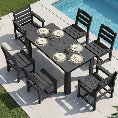 Vista 24 de SERWALL Juego de comedor HDPE para 4, juegos de comedor al aire libre para 4 personas con 1 orificio para sombrilla, mesa rectangular y 4 sillas