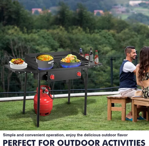 Vista 4 de Estufa de propano de 2 hornillas Llamaviva con panel de viento, estufa de camping con estantes laterales, quemadores de propano de 150,000 BTU