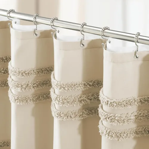 Vista 15 de Dynamene - Cortinas de ducha extra largas, de 84 pulgadas de largo, de tela de chenilla acolchada y rayas texturizadas para baño, juego de cortinas